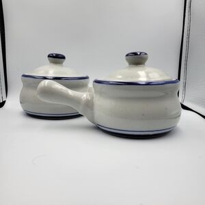 Vintage Blue Trim Handled Stoneware Soup Crocs Made in Taiwan - set of 2